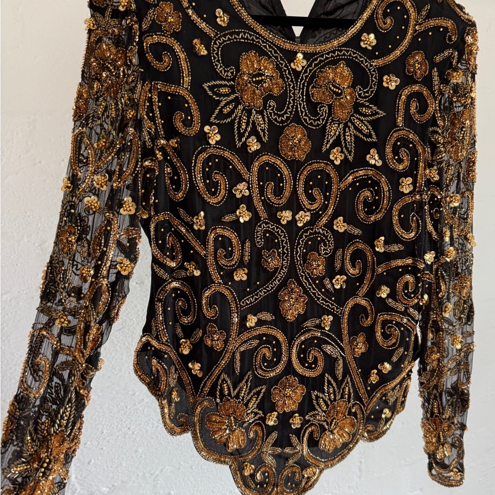 Vintage Laurence Kazar Black and Gold Beaded Blouse